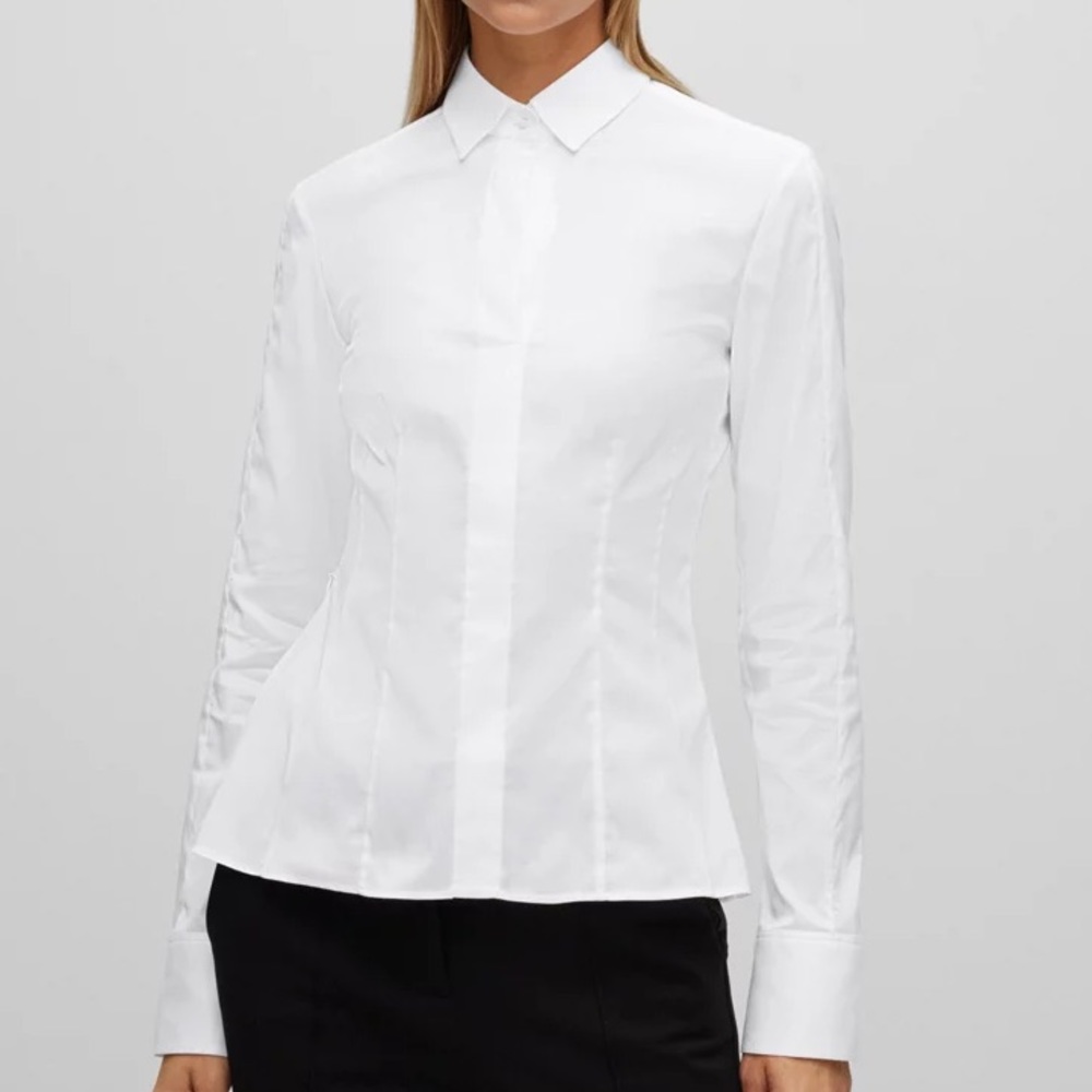 Boss By Hugo Boss BASHINA White Collared Blouse Button-Less Side Zip Vneck Sz 0